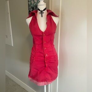 pink bebe slee collar sleeveless halter denim dress